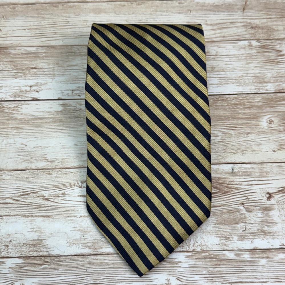 Brooks Brothers Tie Mens One Size Gold Navy Blue Striped 346 Pure Silk Italy
